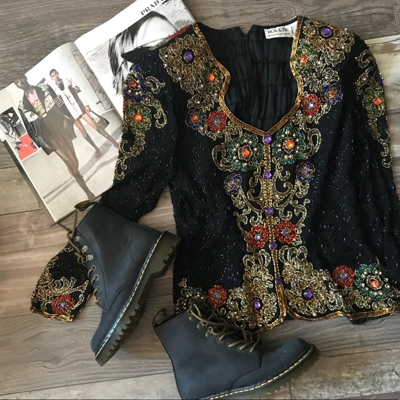 Black Tie Beaded Vintage Formal Top - Picture 4 of 8